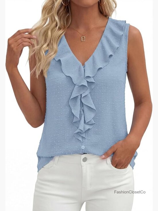 Tops - Ruffle Swiss Dot V-Neck Sleeveless Button Down Tank Top Blouse
